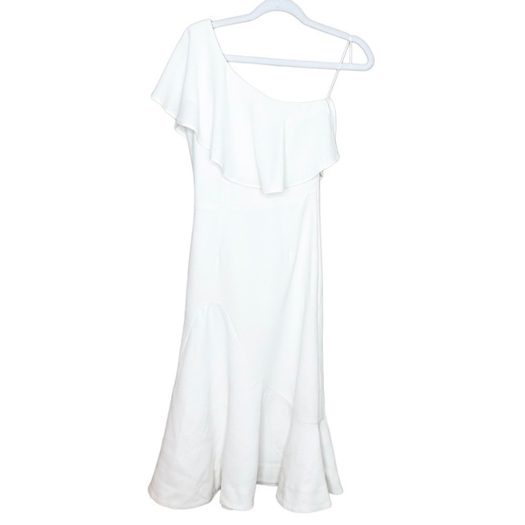 DRESS THE POPULATION Raquel One Shoulder Ruffle White Midi Dress XS - Picture 6 of 8